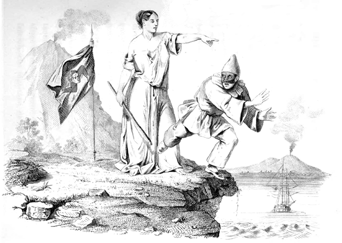 Illustrazione di una donna siciliana che rimanda a casa un pulcinello napolitano.