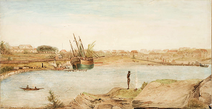 Illustrazione scenica a colore del '800 di una baia con una nave e un aborigine australiano.