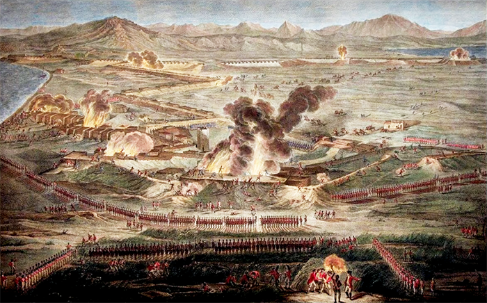 Illustrazione dei schieramenti militari durante il grande assedio di Gibilterra nel1783.