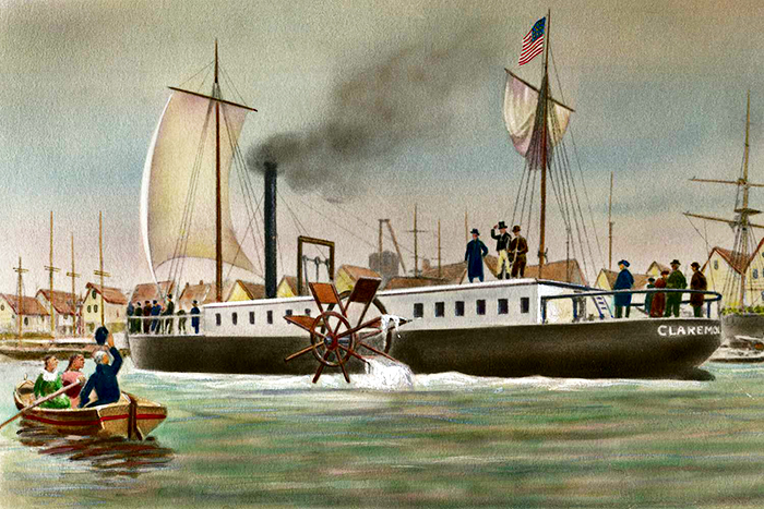 Illustrazione della nave a vapore "Claremont" dell'ingegnere americano Robert Fulton.