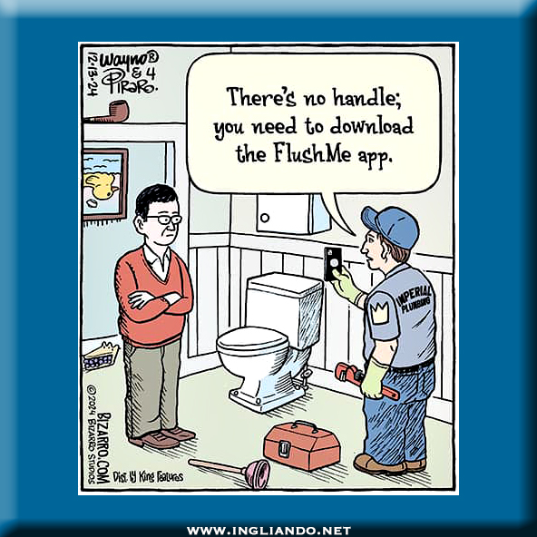 Vignetta spiritosa in inglese di un app per scaricare l'acqua nel gabinetto.