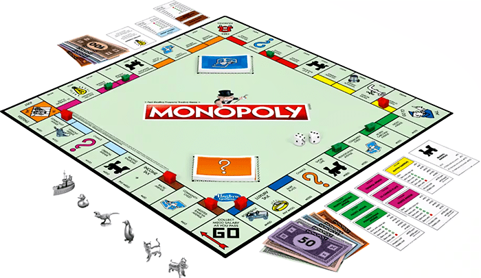Illustrazione a colore del tavolo di gioco di Monopoly con una partita in corso.