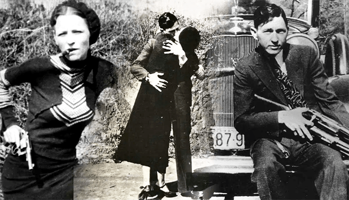 Collage di foto dei fuorilegge famigerati Bonny e Clyde.