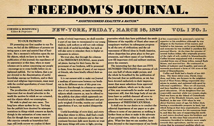 Prima pagina del giornale 'Freedom's Journal' pubblicato per la prima volta da afro-americani.