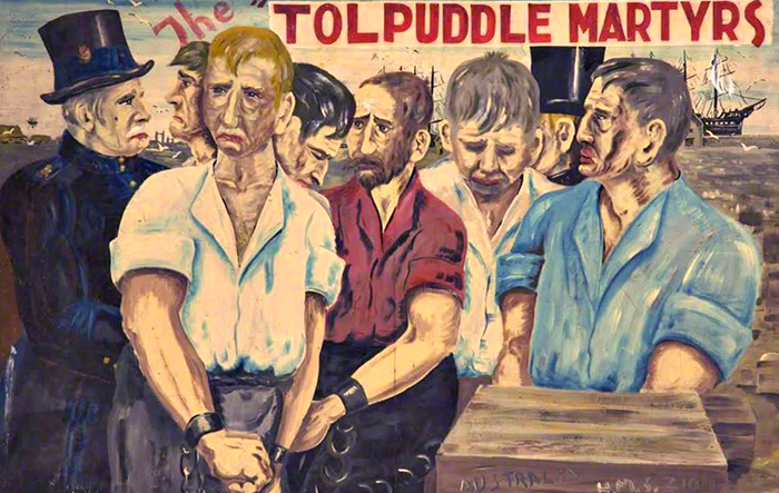 Illustrazione a colore dei Tolpuddle Martyrs che partono per l'esilio in Australia.