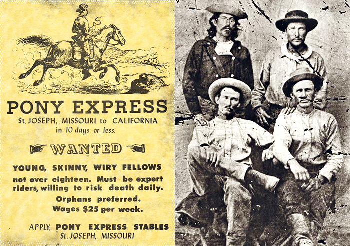 Poster e ritratti di cowboys della pony express in America.